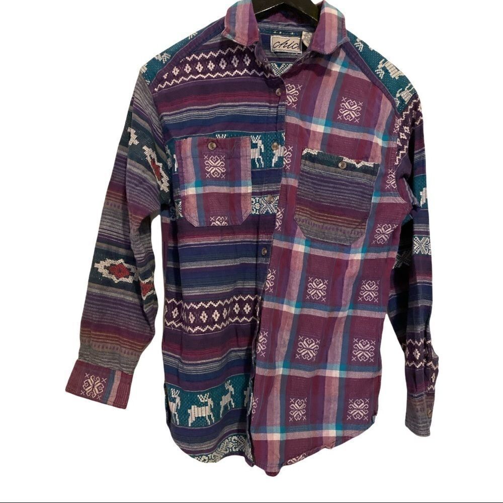 Chic | Vintage 90s CHIC Patchwork Plaid Southwestern Deer Button Down Shirt | S